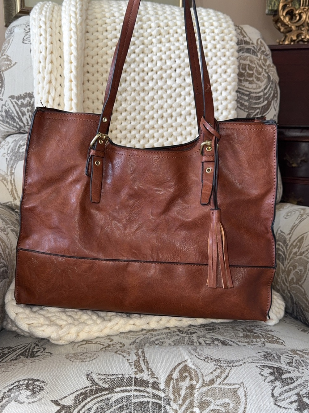Women's Brown Leather Tote with Tassel Shoulder Straps